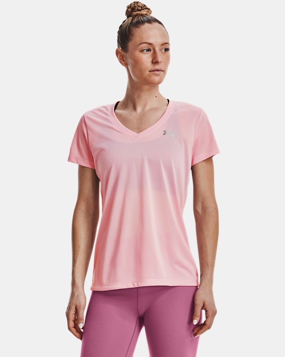 Camiseta con Cuello en V UA Tech™ para Mujer, Pink, pdpMainDesktop image number 0